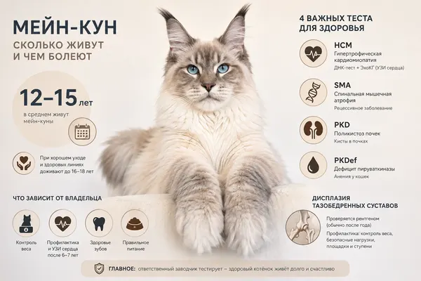 Сколько живут мейн-куны и чем болеют: HCM, SMA, PKD и дисплазия