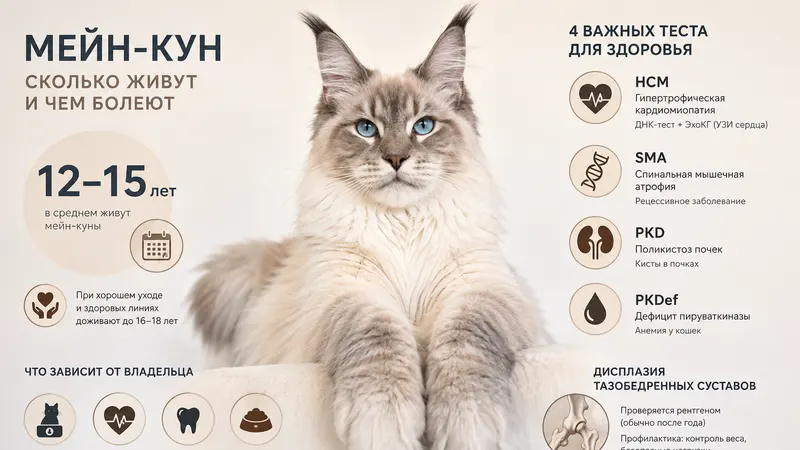 Сколько живут мейн-куны и чем болеют: HCM, SMA, PKD и дисплазия